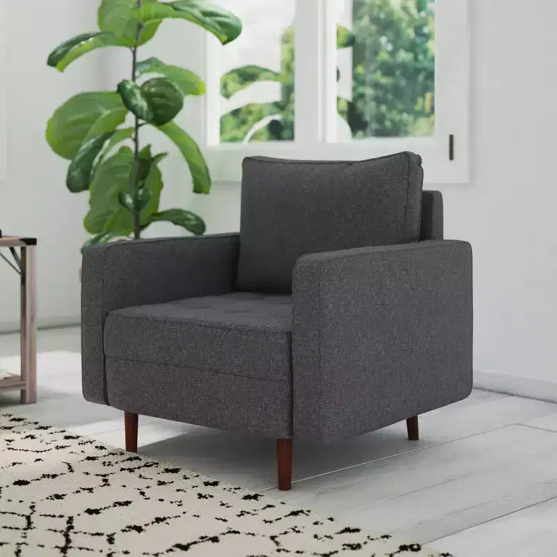 Poltrona d'accento imbottita Mid-Century Modern con molle insacchettate, gambe in legno e cuscini dello schienale rimovibili