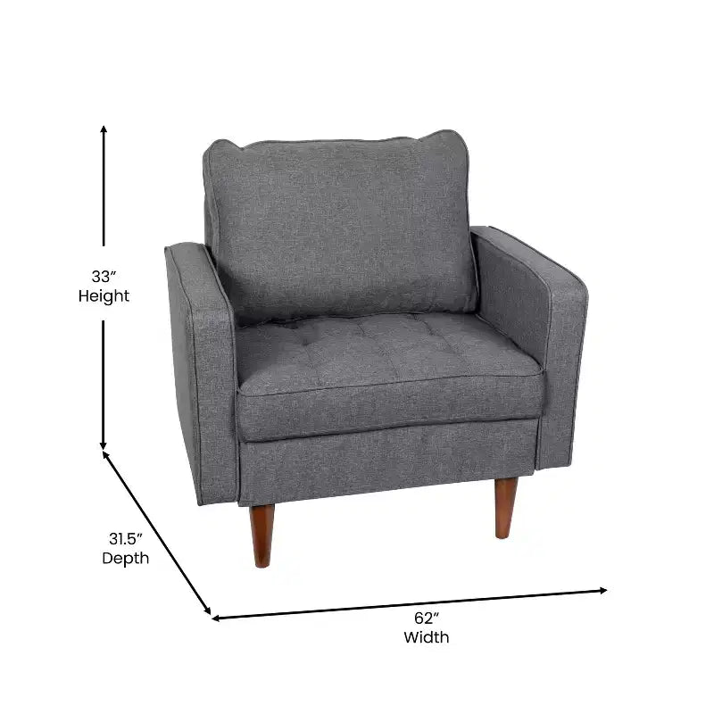 Poltrona d'accento imbottita Mid-Century Modern con molle insacchettate, gambe in legno e cuscini dello schienale rimovibili