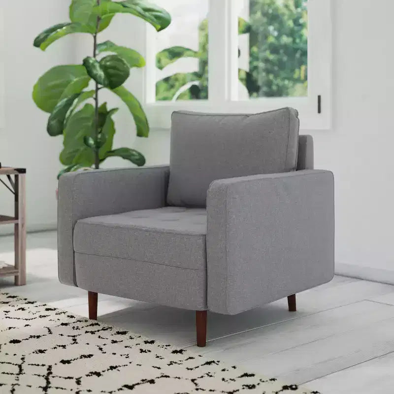 Poltrona d'accento imbottita Mid-Century Modern con molle insacchettate, gambe in legno e cuscini dello schienale rimovibili