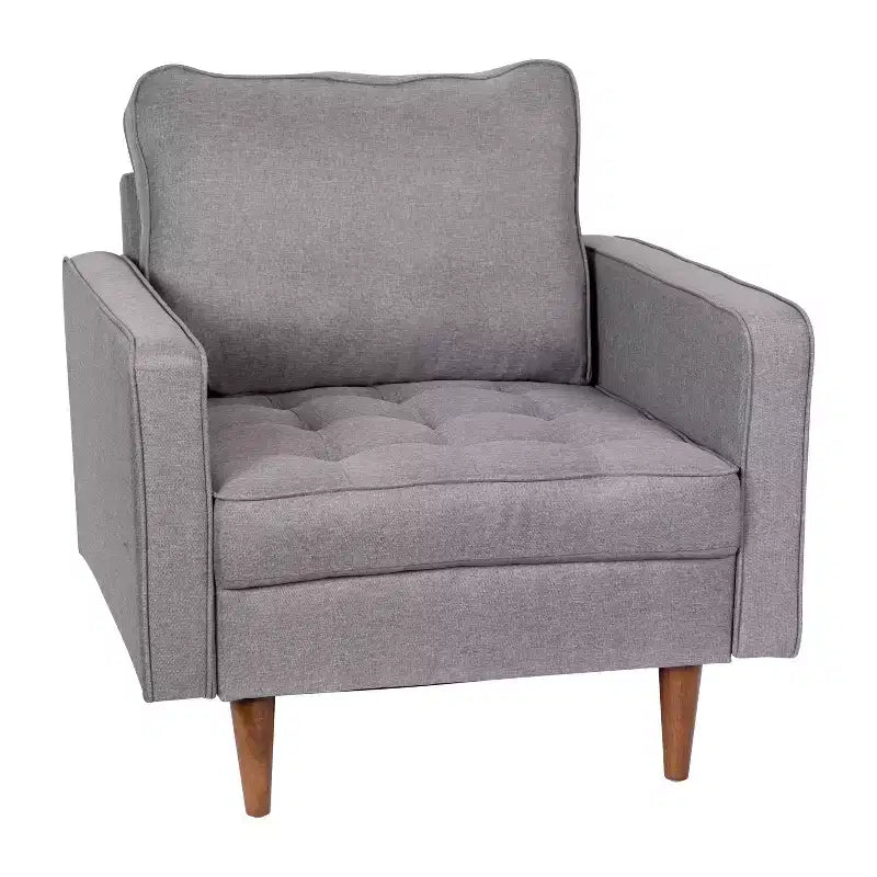 Poltrona d'accento imbottita Mid-Century Modern con molle insacchettate, gambe in legno e cuscini dello schienale rimovibili