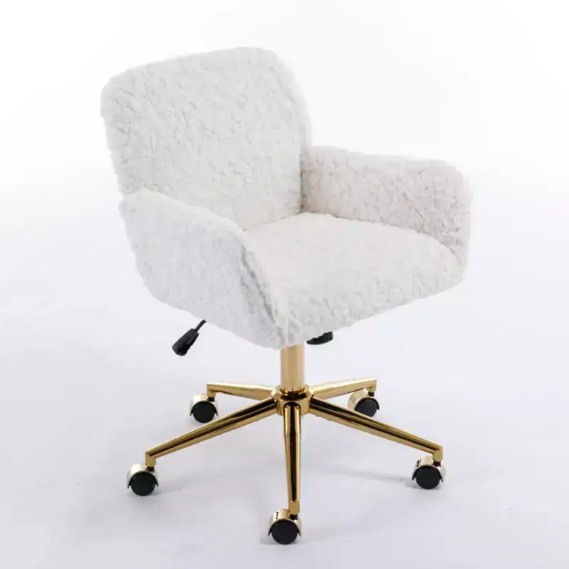 Sedia da ufficio regolabile in pelliccia sintetica di coniglio con base in metallo dorato, beige