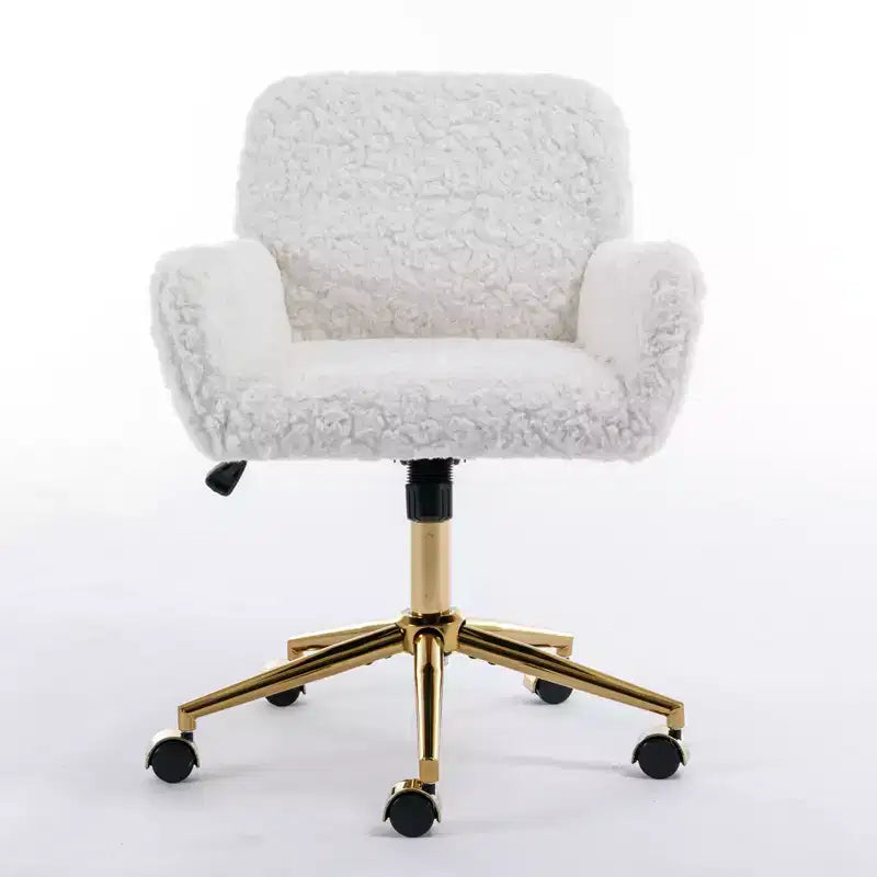 Sedia da ufficio regolabile in pelliccia sintetica di coniglio con base in metallo dorato, beige