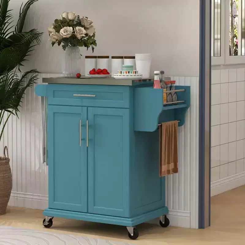 Carrello da cucina su ruote con cassetto e armadietto