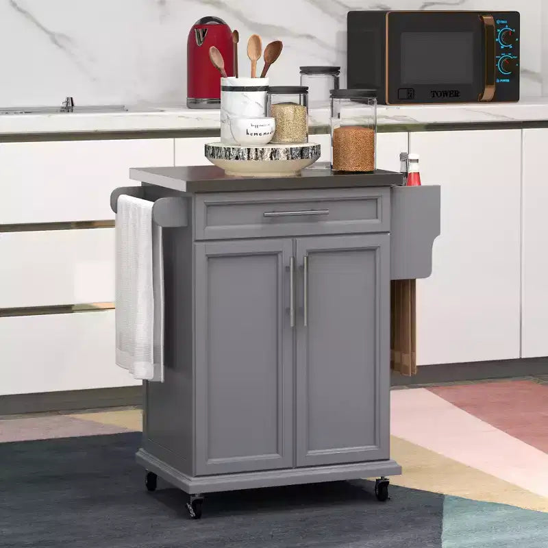 Carrello da cucina su ruote con cassetto e armadietto