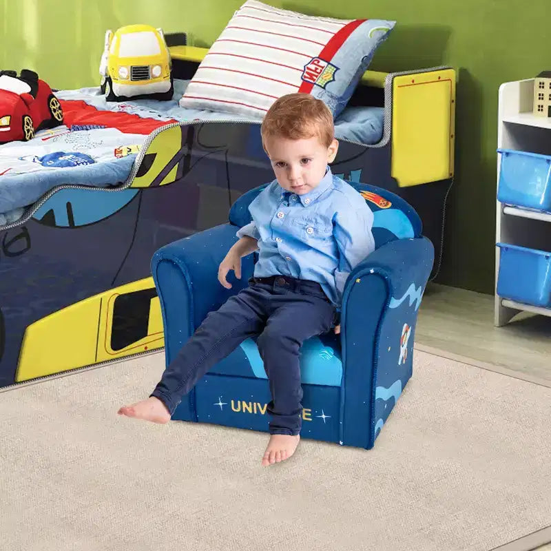 Divano per bambini Poltrona imbottita per bambini con braccioli e struttura in legno massello - Blu marino