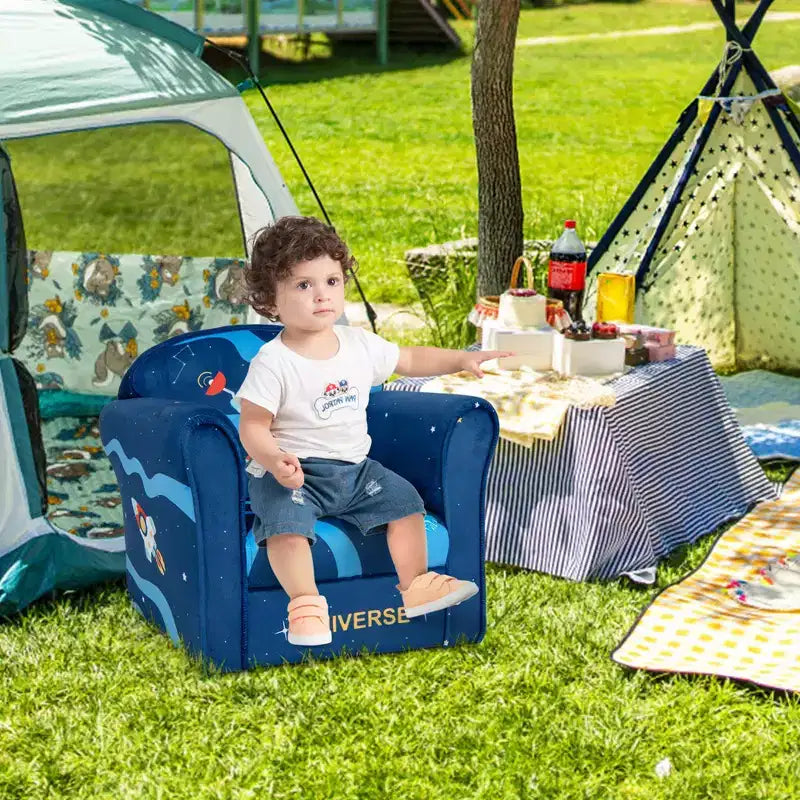Divano per bambini Poltrona imbottita per bambini con braccioli e struttura in legno massello - Blu marino