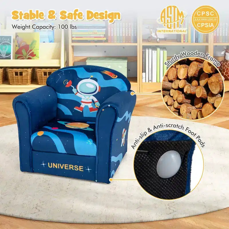 Divano per bambini Poltrona imbottita per bambini con braccioli e struttura in legno massello - Blu marino