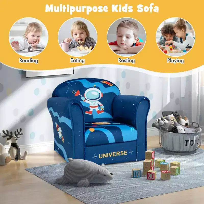 Divano per bambini Poltrona imbottita per bambini con braccioli e struttura in legno massello - Blu marino
