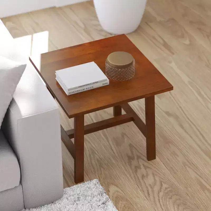Tavolino laterale con base a cavalletto, in legno massiccio