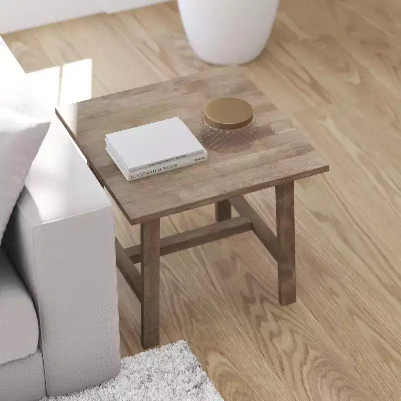 Tavolino laterale con base a cavalletto, in legno massiccio