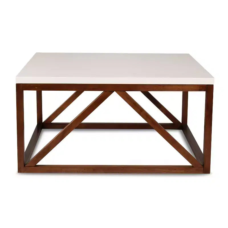 Tavolino quadrato in MDF con struttura in metallo, 36x36x18, bianco e noce