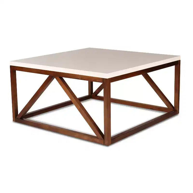 Tavolino quadrato in MDF con struttura in metallo, 36x36x18, bianco e noce