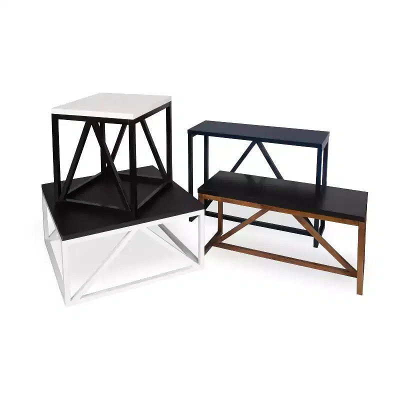 Tavolino quadrato in MDF con struttura in metallo, 36x36x18, bianco e noce