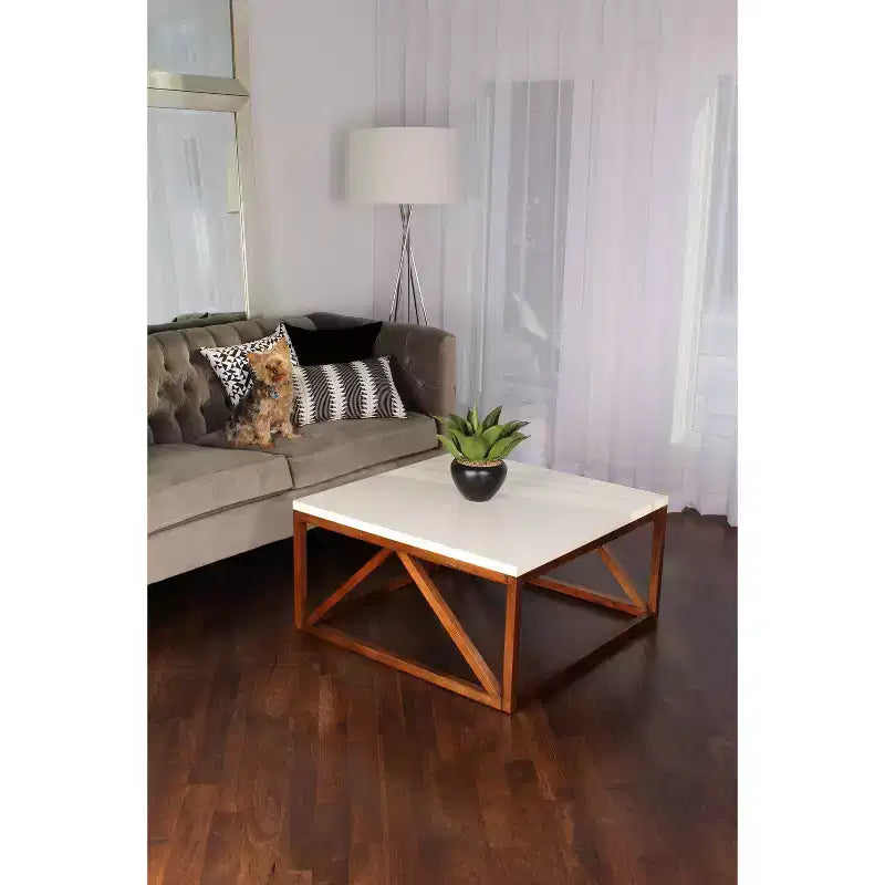 Tavolino quadrato in MDF con struttura in metallo, 36x36x18, bianco e noce